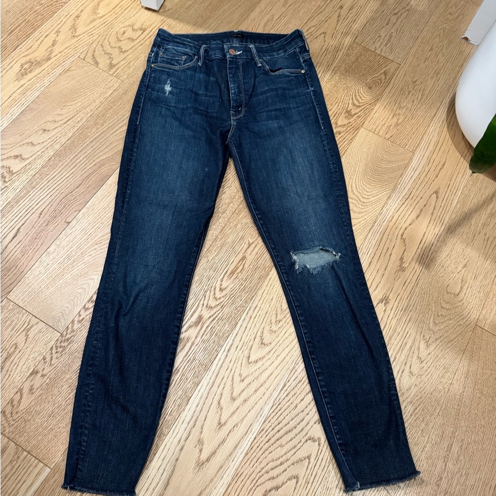 MOTHER Dark Blue Distressed Ankle Jeans